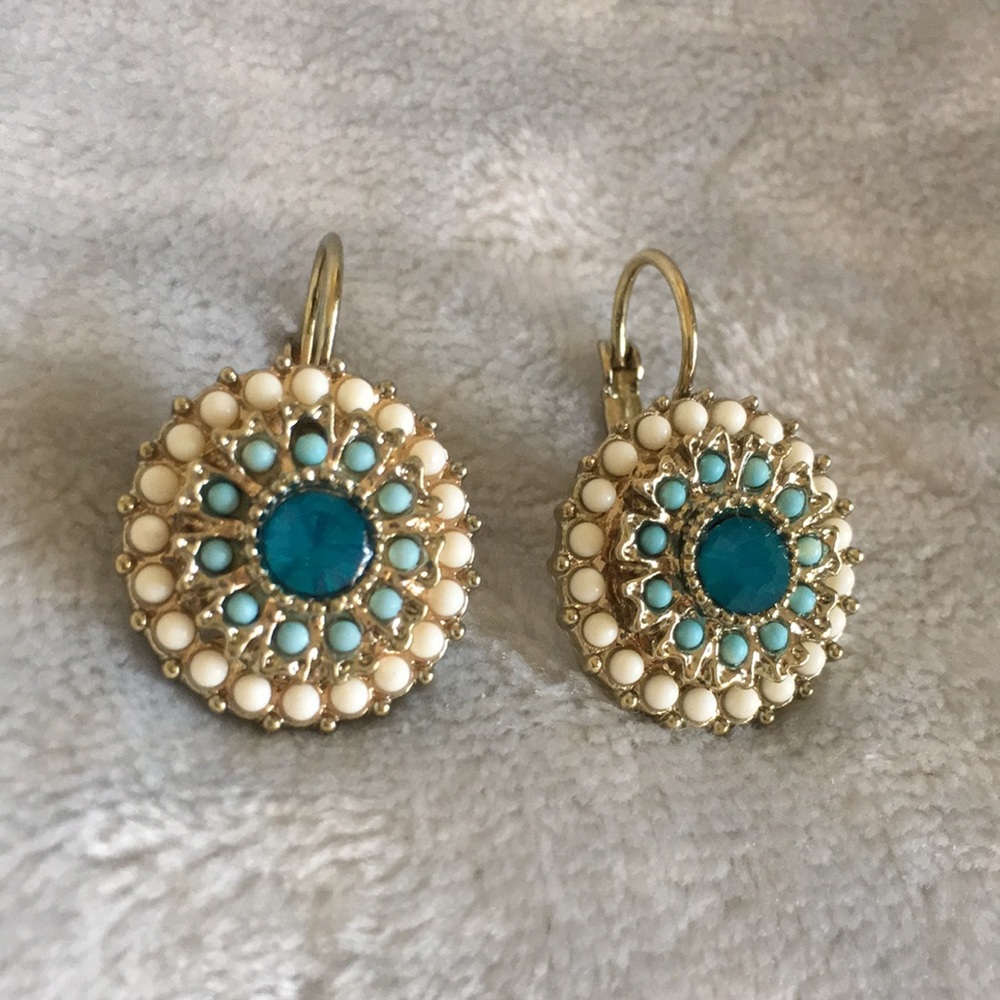 Aqua & Sand Colored Lever Back Bead Encrusted Pierced Fashion Earrings NWOT 1” - Picture 3 of 10